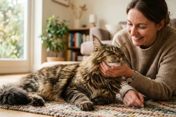 A friendly brown tabby Maine Coon cat gently interacting with its owner in a bright living room.