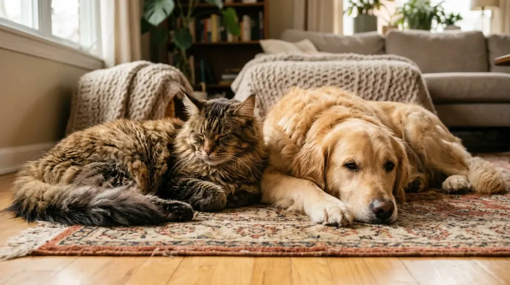 A friendly Maine Coon cat resting peacefully beside a pet dog in a family home.