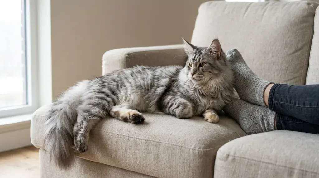 A silver tabby Maine Coon cat lounging as a shadow companion beside its owner on a sofa.
