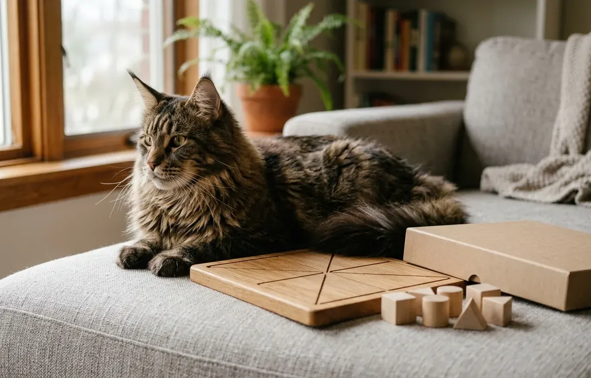 Large adult Maine Coon cat relaxing peacefully with family in a bright living room