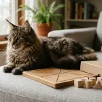Large adult Maine Coon cat relaxing peacefully with family in a bright living room