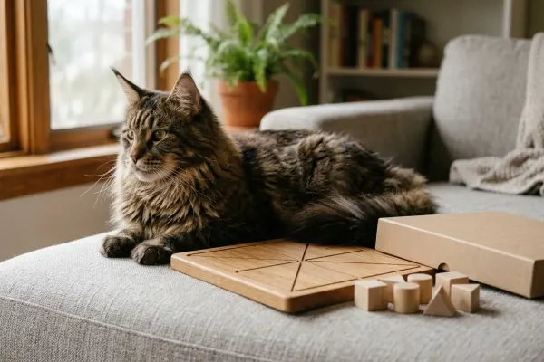 Large adult Maine Coon cat relaxing peacefully with family in a bright living room
