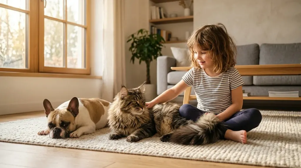 Friendly Maine Coon cat resting beside a child and companion dog on a living room rug