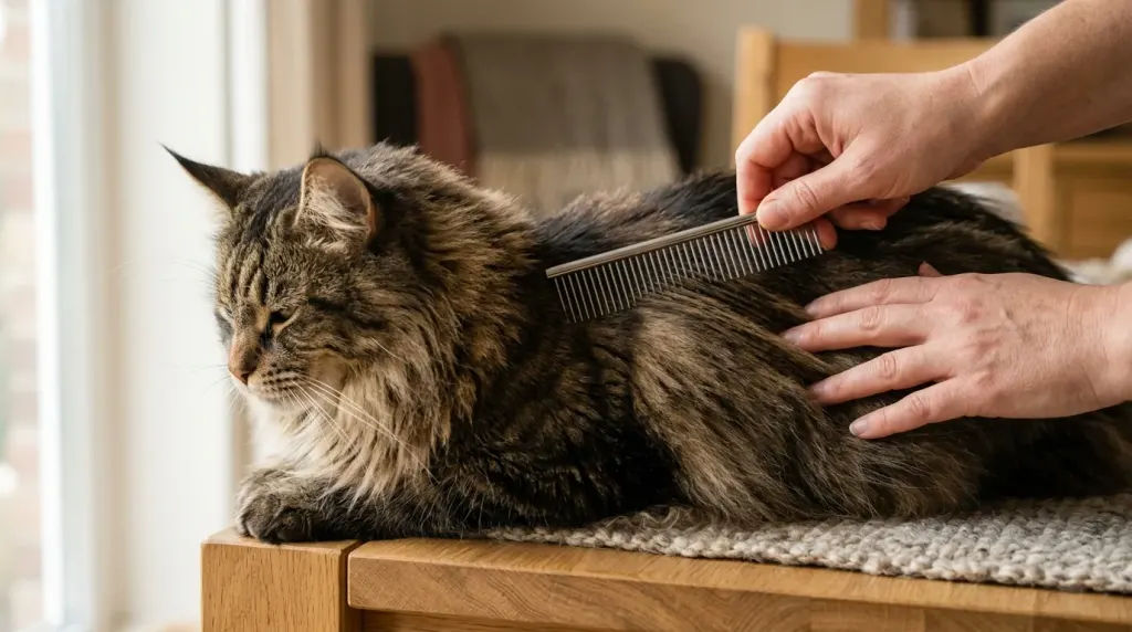 Owner gently grooming a longhaired Maine Coon cat with a metal comb to maintain coat health