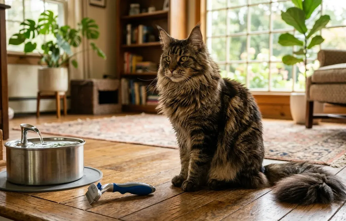 A large brown tabby Maine Coon cat sitting beside grooming tools and a water bowl in a living room.
