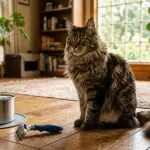 A large brown tabby Maine Coon cat sitting beside grooming tools and a water bowl in a living room.