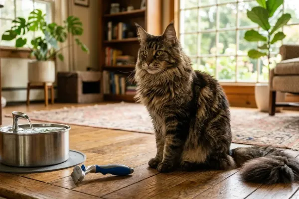 A large brown tabby Maine Coon cat sitting beside grooming tools and a water bowl in a living room.