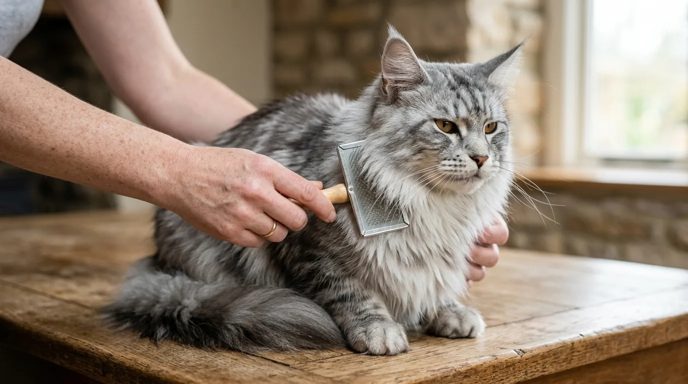 Brushing the dense double coat and neck ruff of an adult Maine Coon cat with a slicker brush.