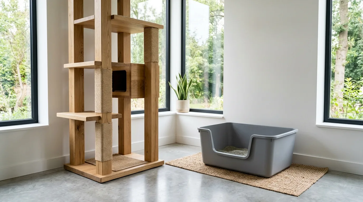 An oversized extra-large litter box and a sturdy tall cat tree set up for a giant Maine Coon cat.