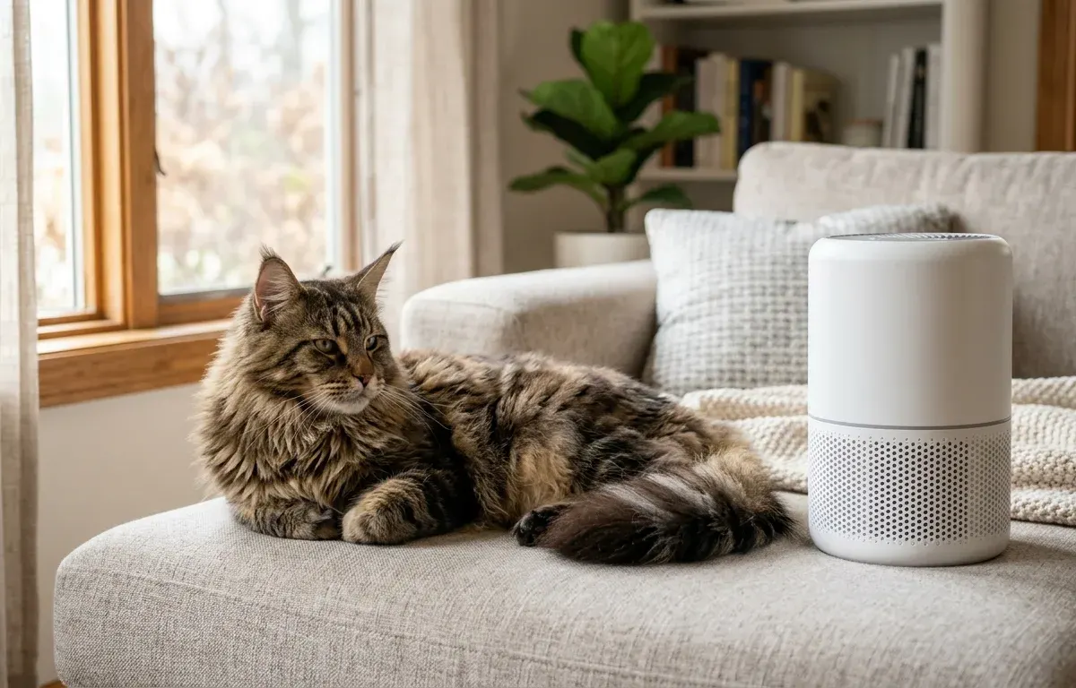 Adult brown tabby Maine Coon cat resting in a living room near a modern HEPA air purifier.