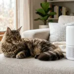 Adult brown tabby Maine Coon cat resting in a living room near a modern HEPA air purifier.