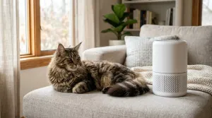 Adult brown tabby Maine Coon cat resting in a living room near a modern HEPA air purifier.