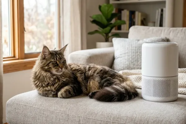 Adult brown tabby Maine Coon cat resting in a living room near a modern HEPA air purifier.