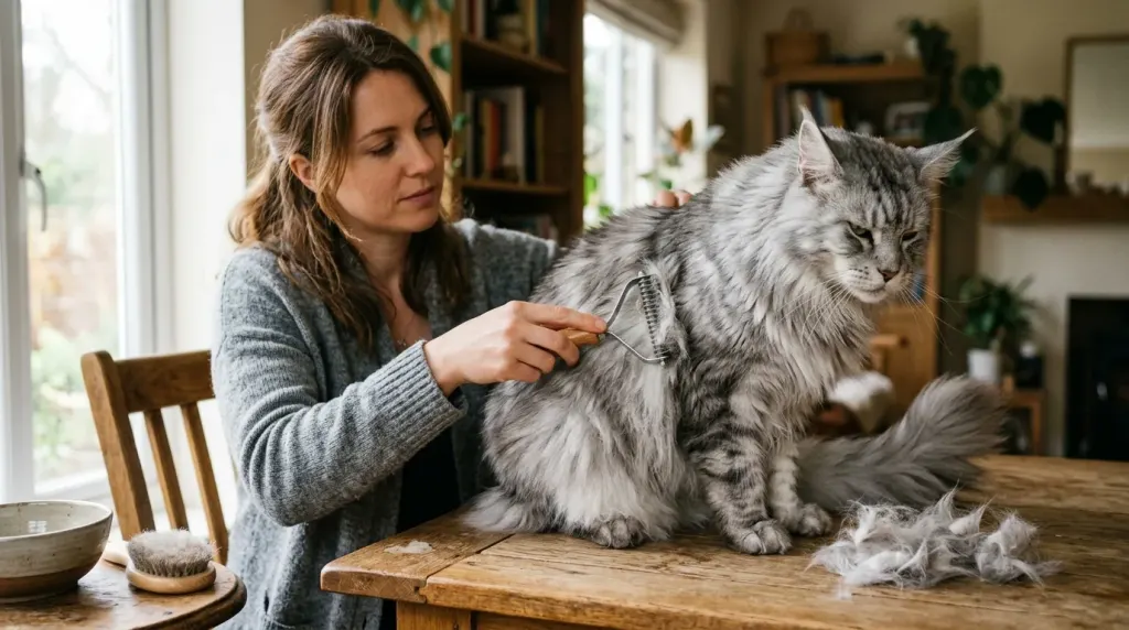 Close-up of a Maine Coon cat grooming its fur illustrating how salivary Fel d 1 allergens distribute across the coat