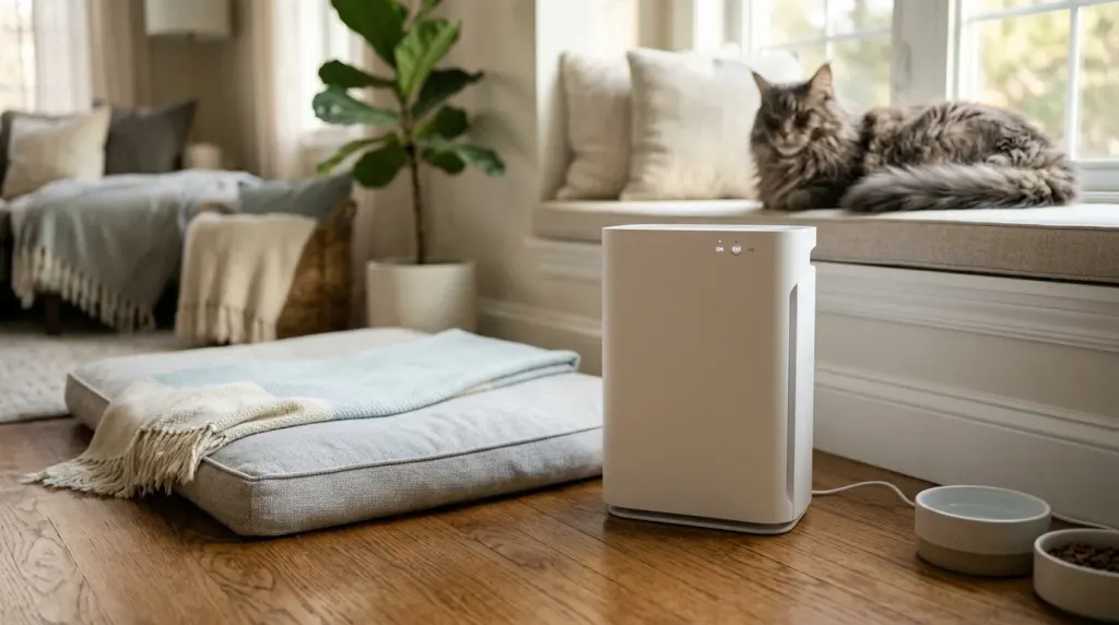 Pet owner cleaning upholstery with a HEPA vacuum to remove cat dander and manage household allergens