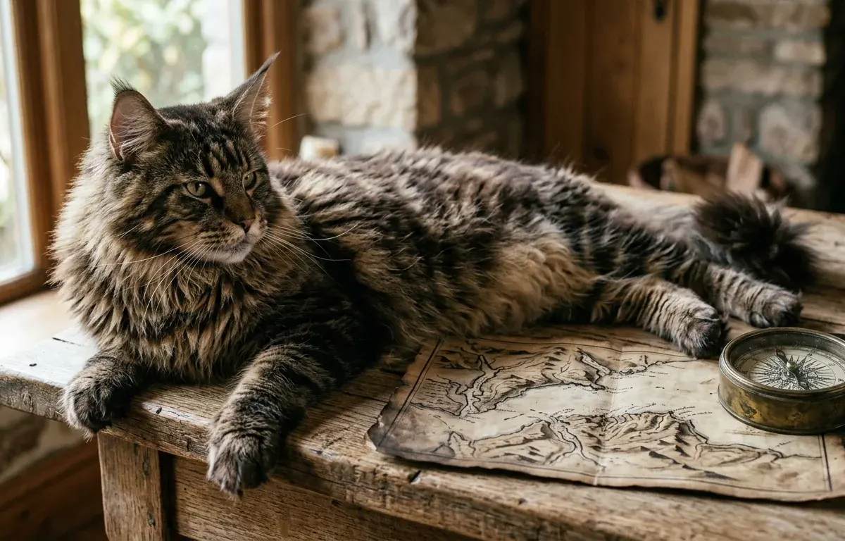 Large brown tabby Maine Coon cat on a wooden table with vintage nautical maps illustrating the breed's New England origins.