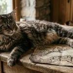 Large brown tabby Maine Coon cat on a wooden table with vintage nautical maps illustrating the breed's New England origins.