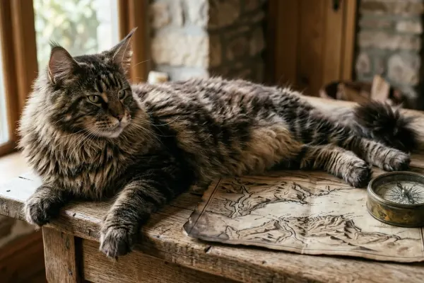 Large brown tabby Maine Coon cat on a wooden table with vintage nautical maps illustrating the breed's New England origins.