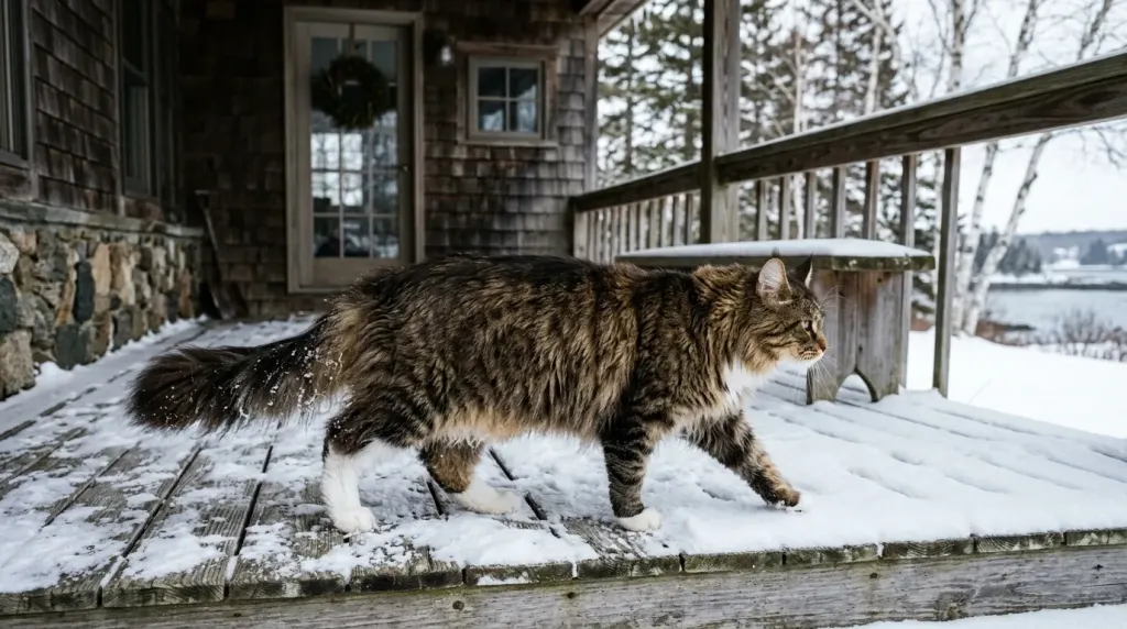 Robust Maine Coon cat with thick winter fur and tufted paws on a snowy New England porch in Maine.