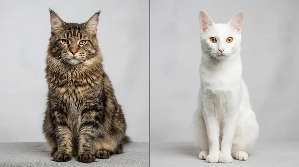 Side-by-side comparison showing the physical differences between a heavy-boned Maine Coon and a slender Turkish Angora cat.