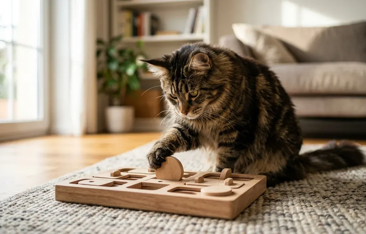 An adult brown tabby Maine Coon cat demonstrating feline intelligence with an interactive wooden puzzle toy.