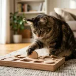 An adult brown tabby Maine Coon cat demonstrating feline intelligence with an interactive wooden puzzle toy.