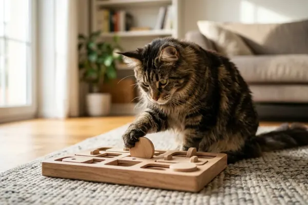 An adult brown tabby Maine Coon cat demonstrating feline intelligence with an interactive wooden puzzle toy.