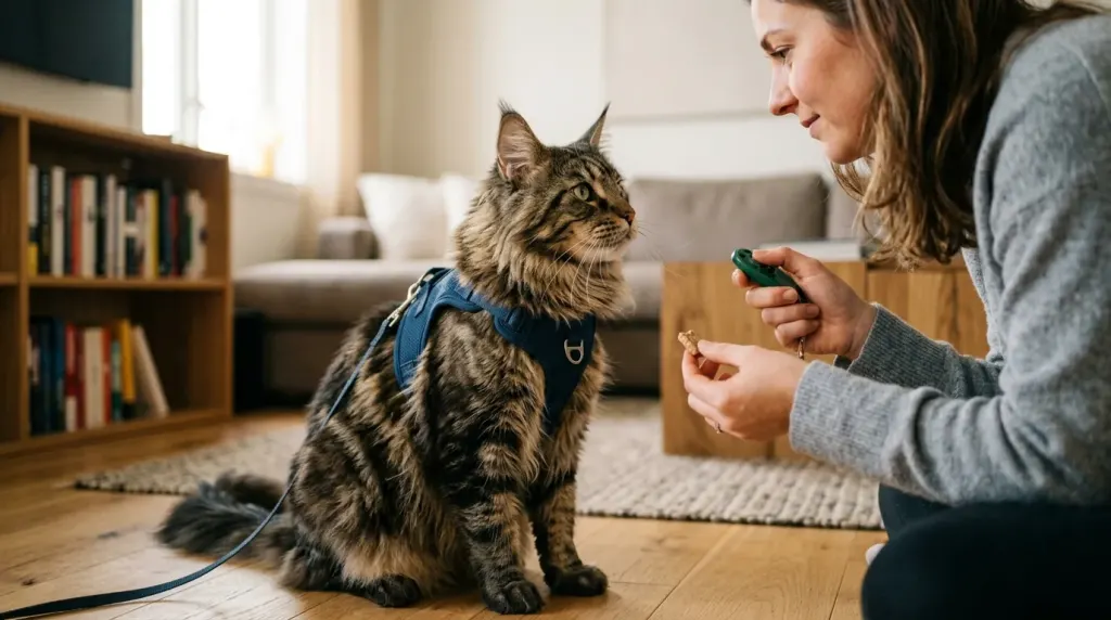 A fluffy Maine Coon cat in a walking harness demonstrating high intelligence during clicker training.