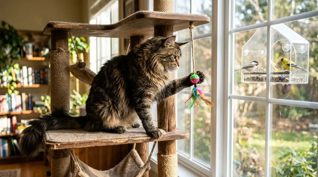 A majestic Maine Coon cat exploring interactive toys to stimulate feline intelligence and prevent boredom.