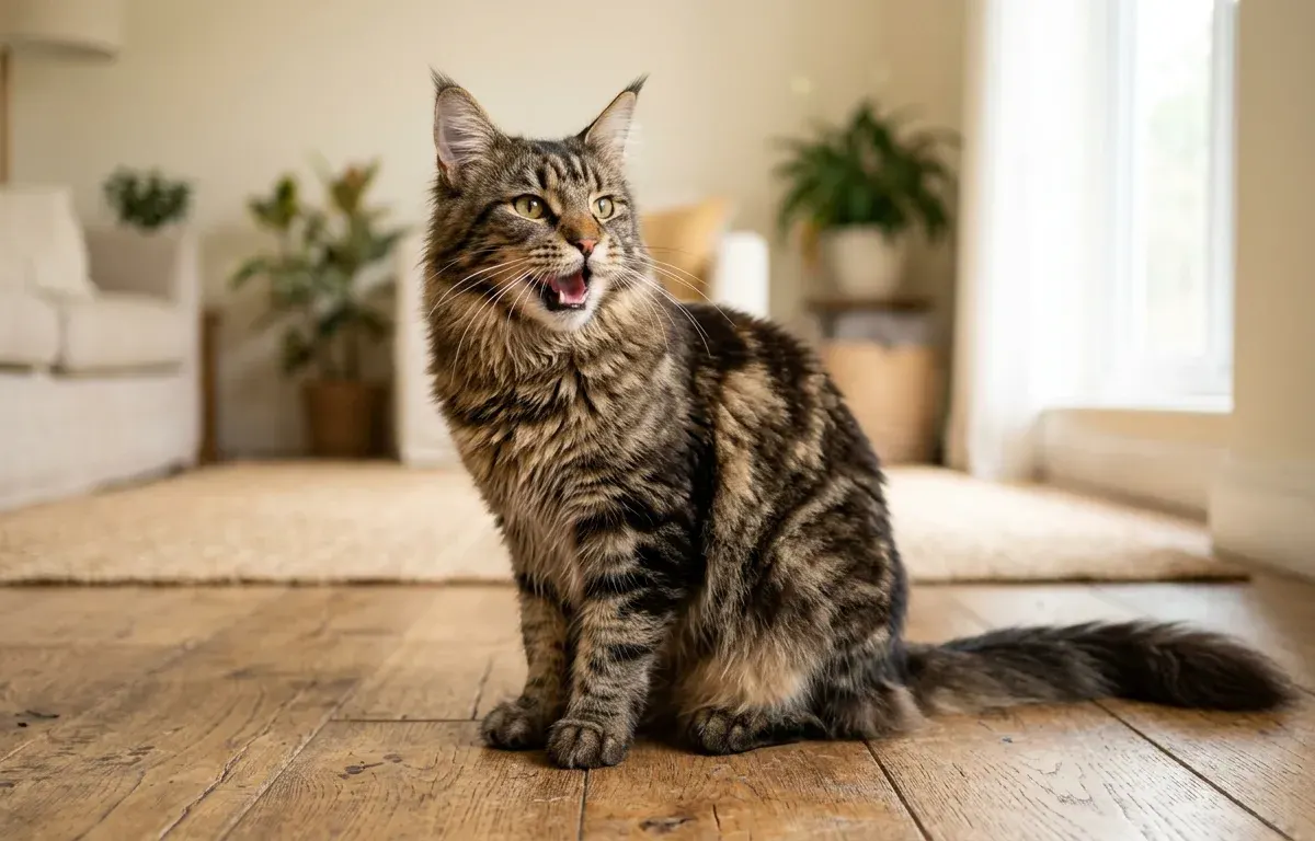 Adult brown tabby Maine Coon cat exhibiting vocalization through a soft chirp in a living room
