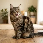Adult brown tabby Maine Coon cat exhibiting vocalization through a soft chirp in a living room
