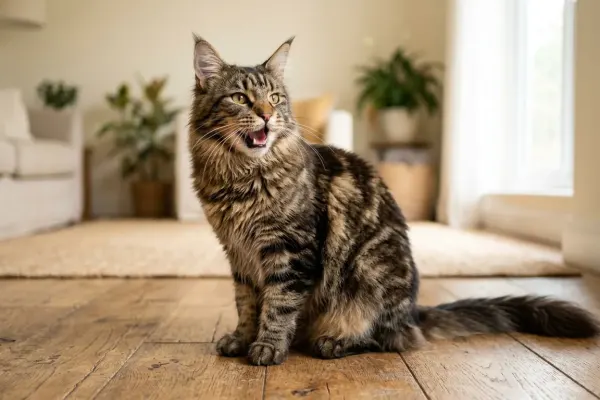 Adult brown tabby Maine Coon cat exhibiting vocalization through a soft chirp in a living room