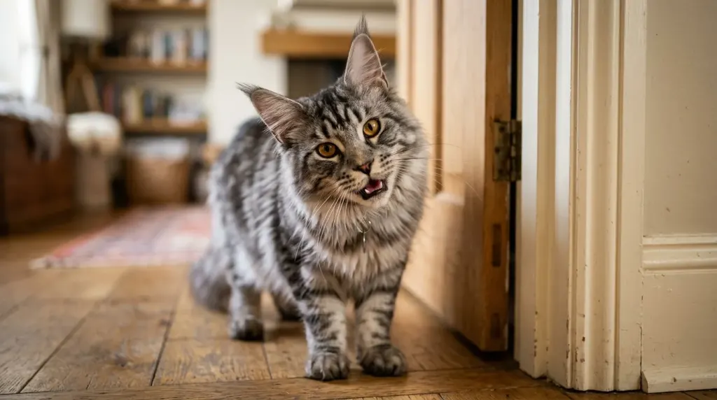 Silver Maine Coon cat producing a vocalization trill sound near an interior doorway