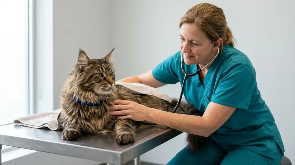 Senior Maine Coon cat undergoing veterinary evaluation for abnormal vocalization symptoms