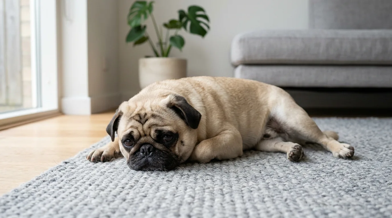 Pug resting indoors showcasing flat-faced anatomy that requires heat precautions during exercise