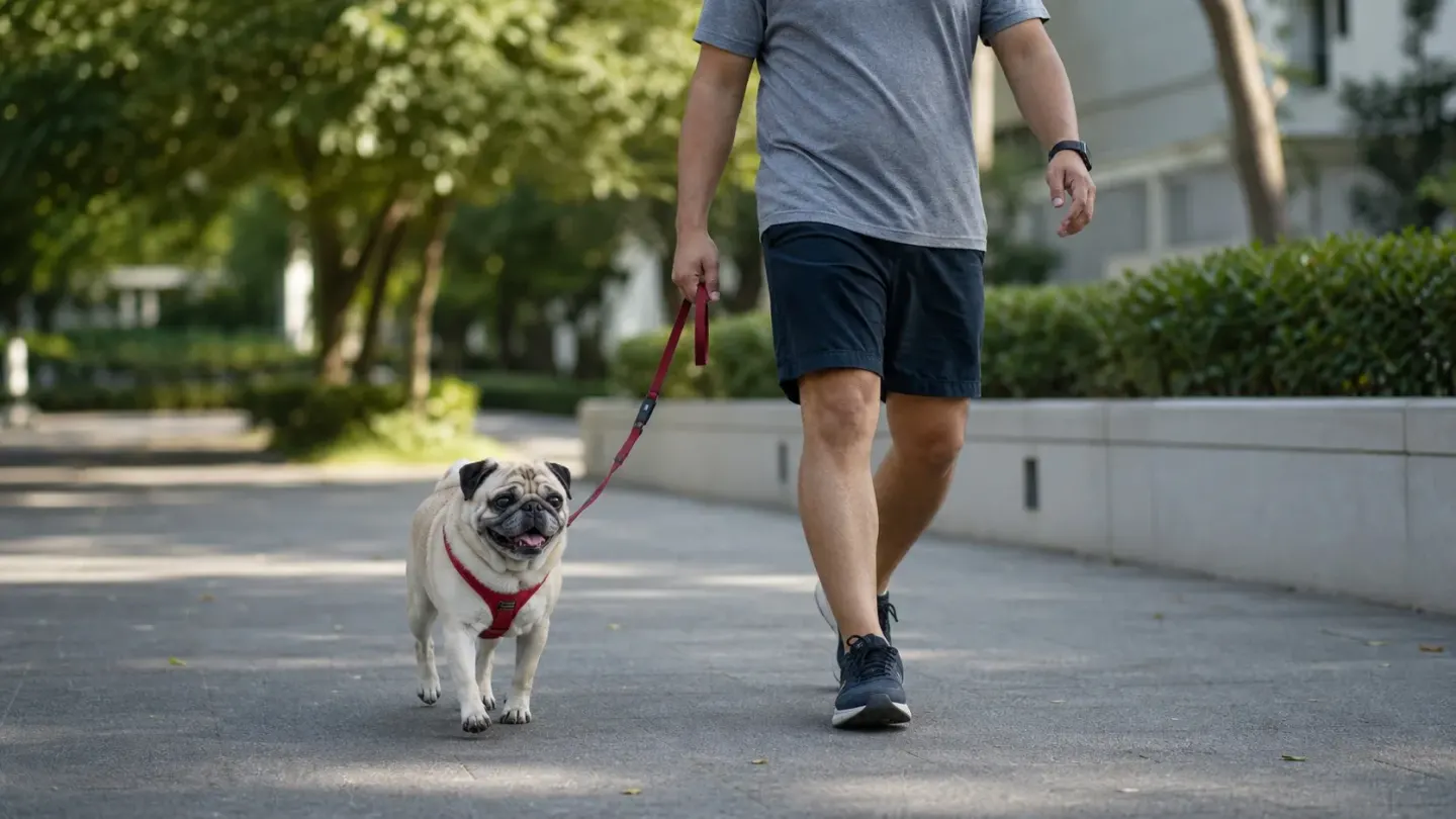 Adult Pug wearing a chest harness on a short daily exercise walk in a cool park setting