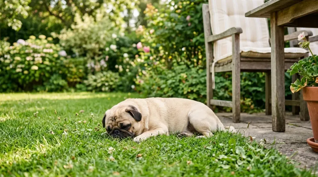 Relaxed Pug resting calmly with family members showing low aggression risk and gentle companion temperament.