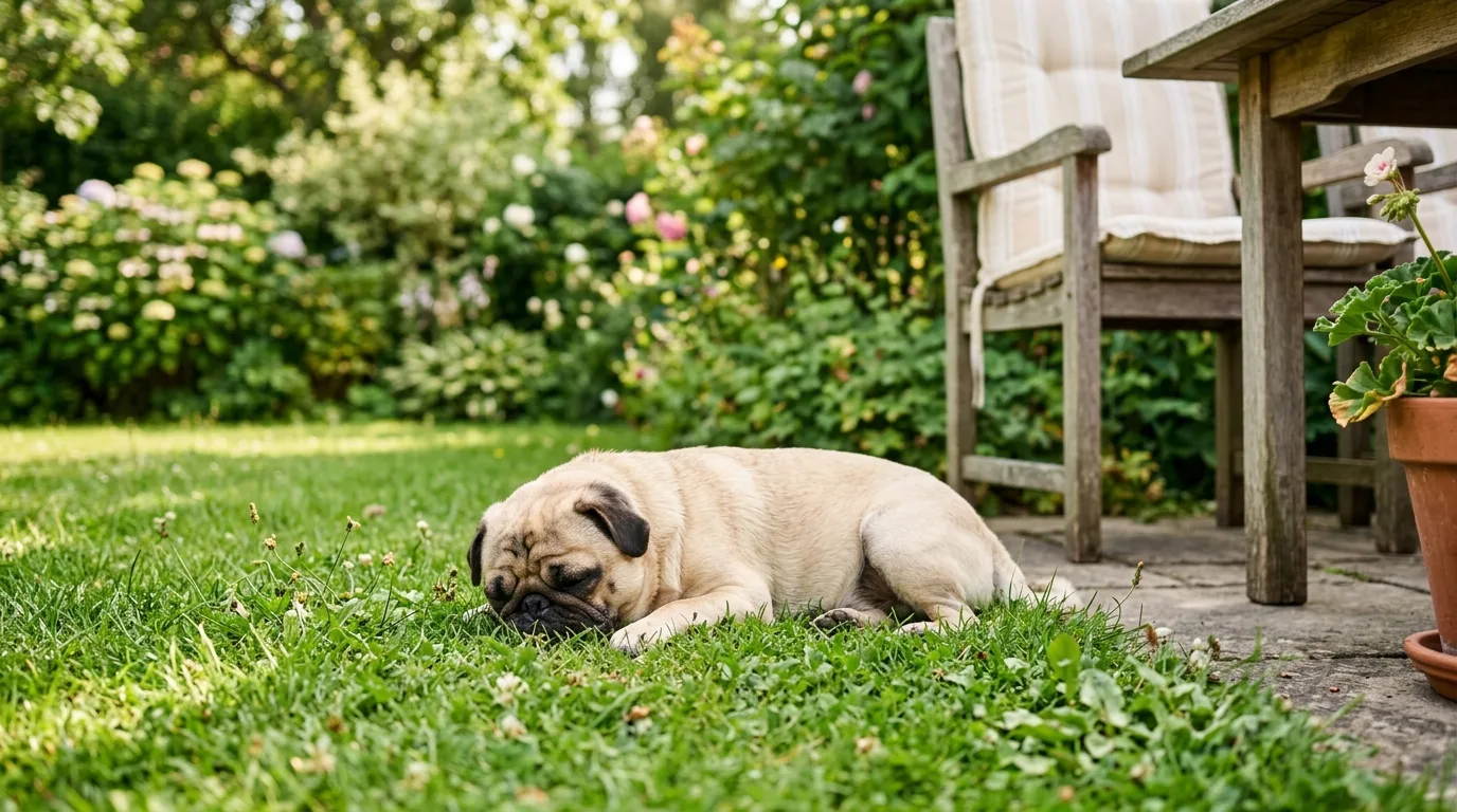 A peaceful Pug dog resting outdoors on a lawn demonstrating low aggression levels.