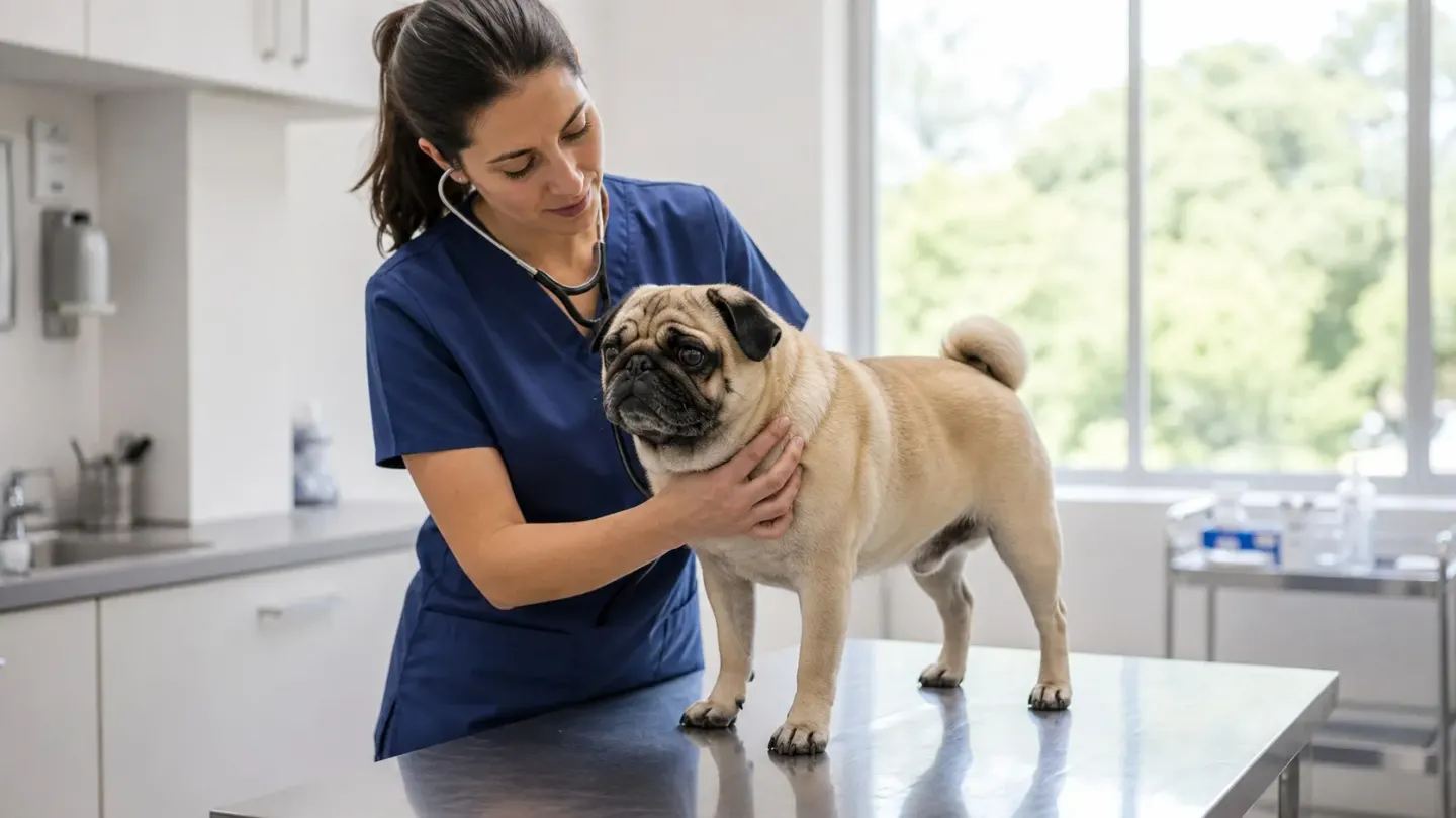 A veterinarian conducting a health checkup on a calm Pug dog to evaluate physical health and stress triggers.