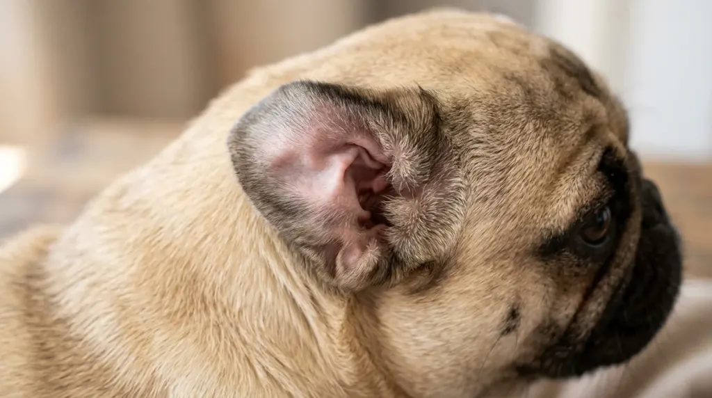 Detailed close-up showing the anatomy and structure of a pug's folded button ear.