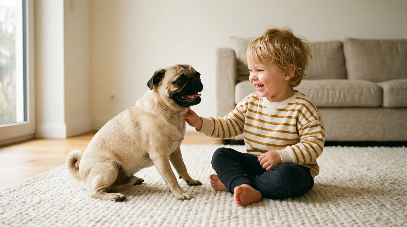 A Pug dog interacting gently and playfully with a child indoors.