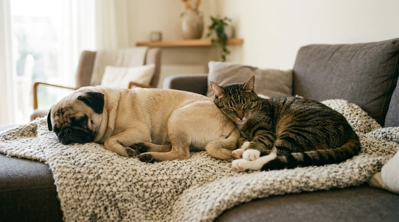 A Pug dog sleeping peacefully next to a cat on a couch demonstrating pet sociability.