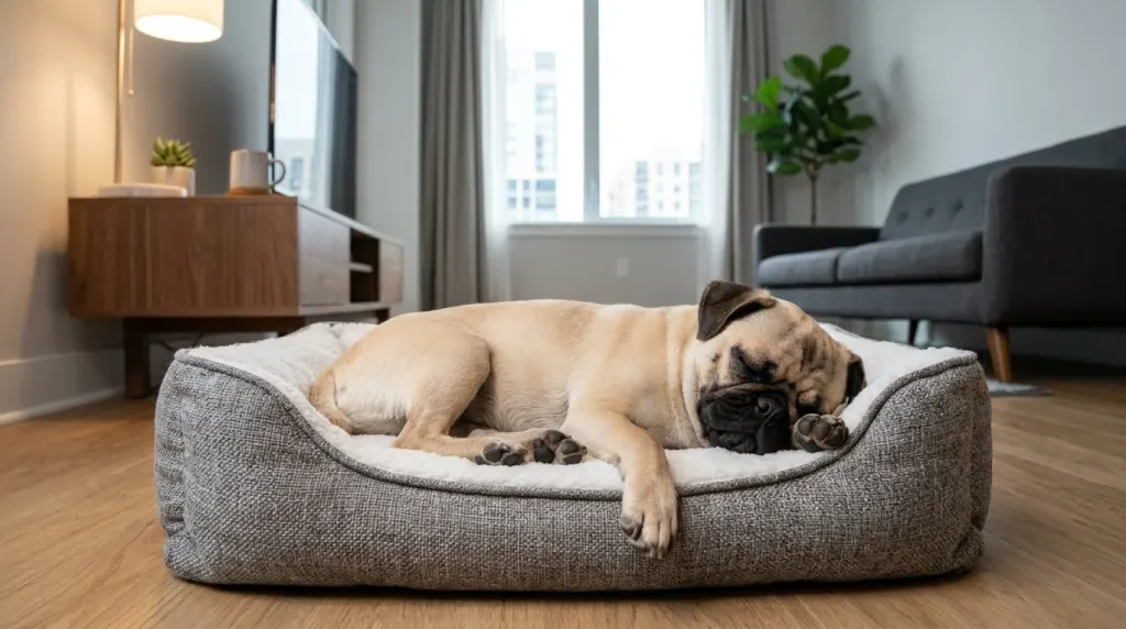 A fawn Pug sleeping comfortably indoors in a climate-controlled apartment environment.