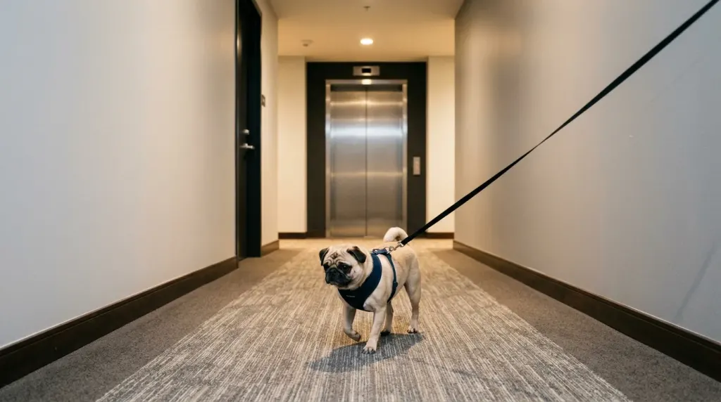 A Pug being walked on a leash through a modern apartment hallway.