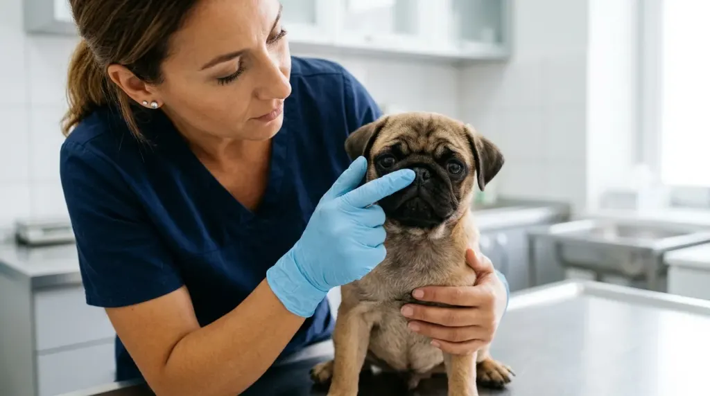 A veterinarian examining a Pug's facial features and nostrils during a routine health checkup