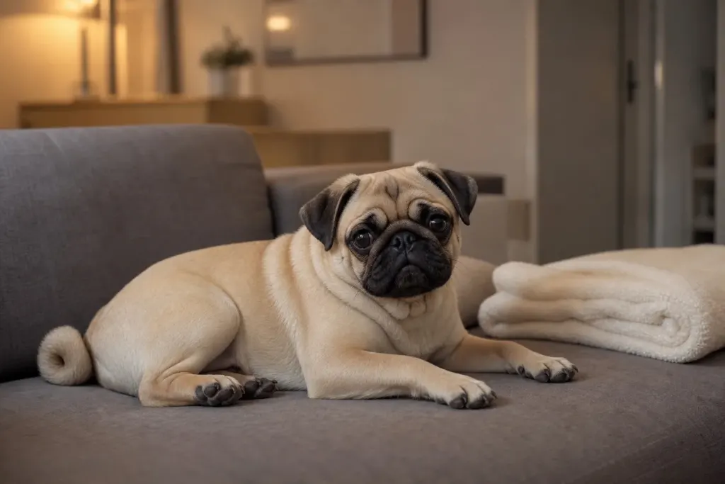 A Pug relaxing indoors on a living room sofa cushion suitable for apartment living