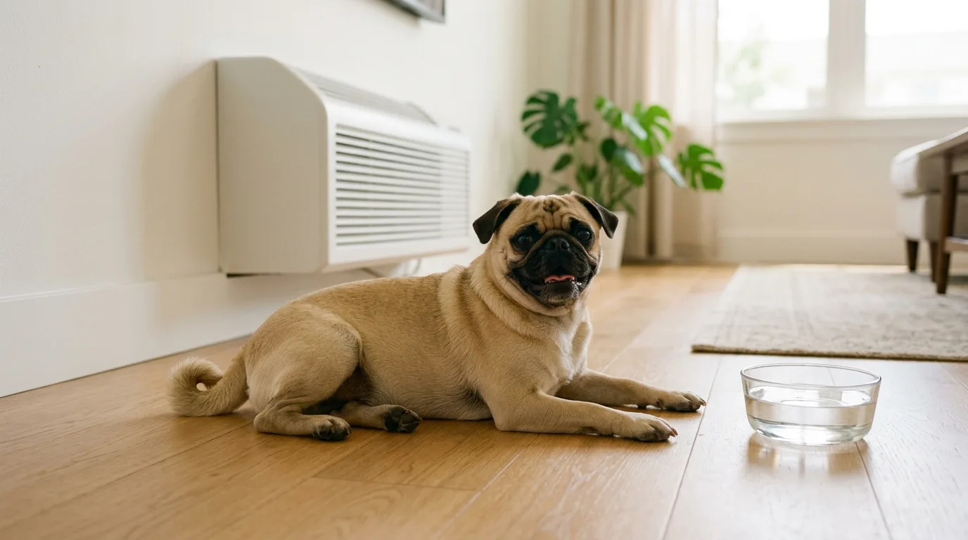 A Pug resting safely indoors to avoid summer heat exhaustion and breathing difficulty.
