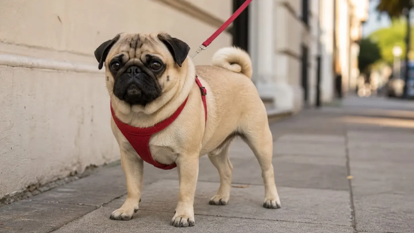 A Pug on a short walk wearing a chest harness to protect its airway.