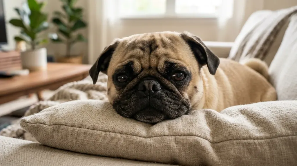 A calm Pug resting on a living room couch demonstrating its companion temperament rather than guard instincts.
