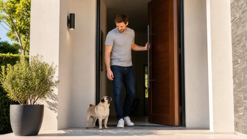A small Pug contrasted with a traditional German Shepherd guard dog near a home perimeter.